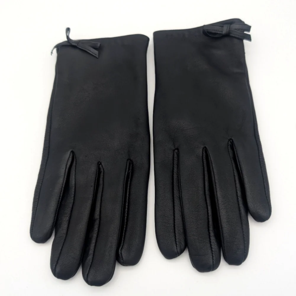 kate spade Black Leather Gloves with Bow Detail
